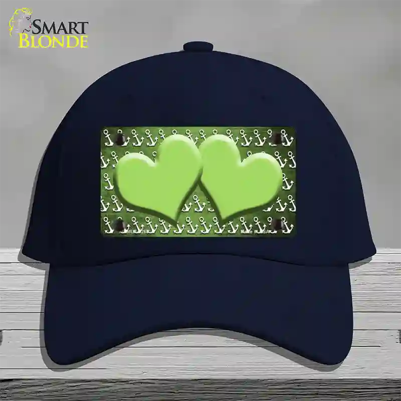 Lime Green White Anchor Hearts Oil Rubbed Novelty License Plate Hat Cotton / Navy