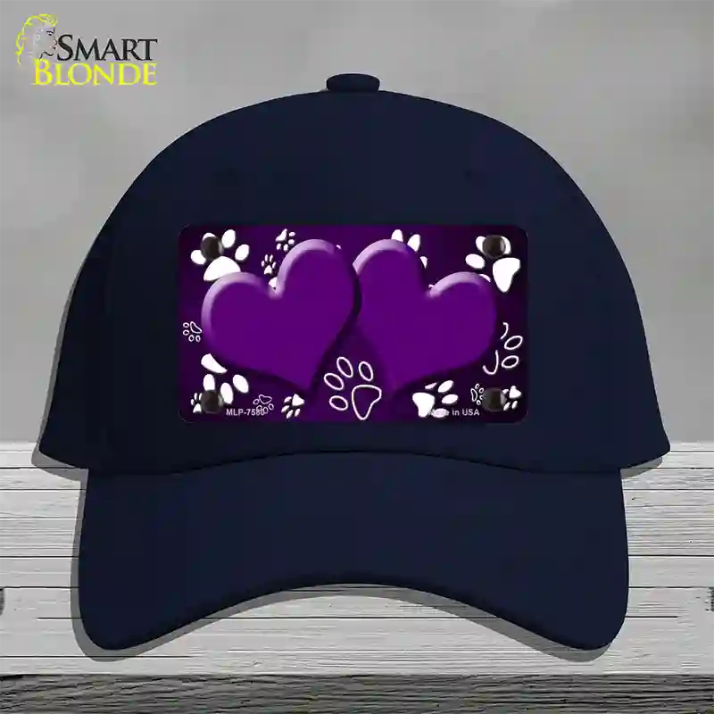 Paw Heart Purple White Novelty License Plate Hat Cotton / Navy