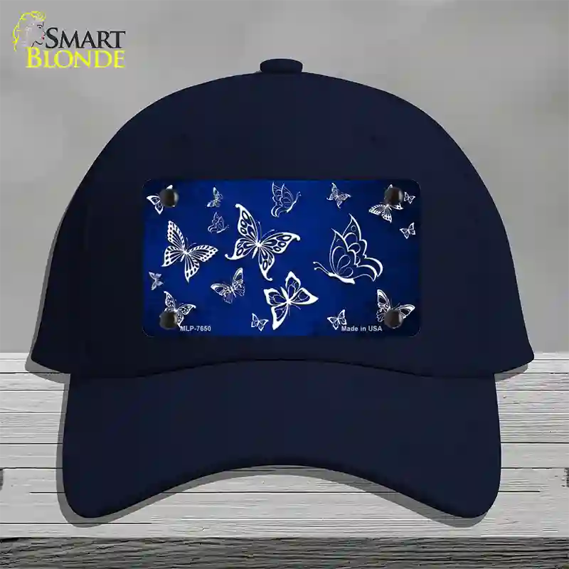 Blue White Butterfly Oil Rubbed Novelty License Plate Hat Cotton / Navy