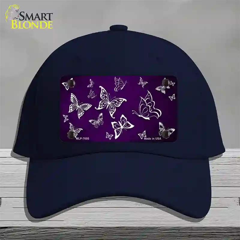 Purple White Butterfly Oil Rubbed Novelty License Plate Hat Cotton / Navy