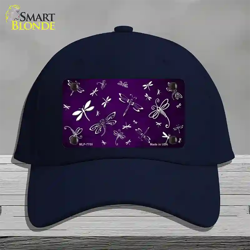 Purple White Dragonfly Oil Rubbed Novelty License Plate Hat Cotton / Navy