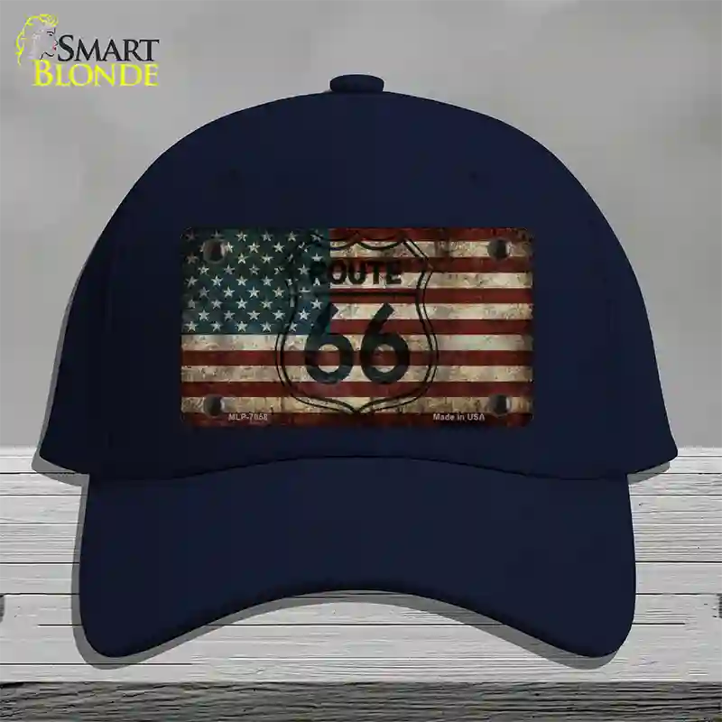 Route 66 American Flag Transparent Novelty License Plate Hat Cotton / Navy