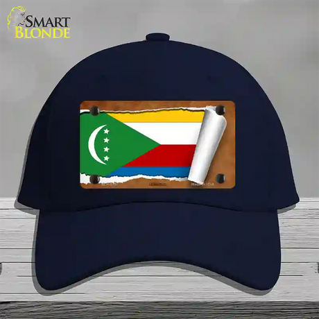 Comoros Flag Scroll Novelty License Plate Hat Cotton / Navy