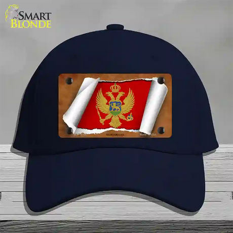 Montenegro Flag Scroll Novelty License Plate Hat Cotton / Navy