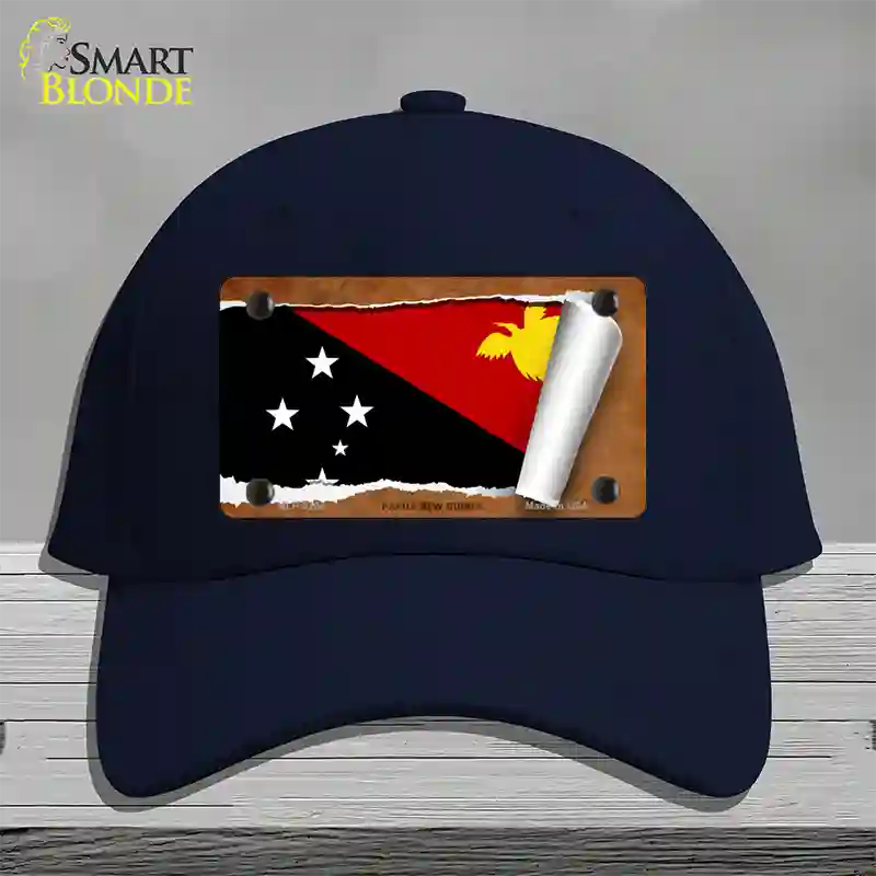 Papua New Guinea Flag Scroll Novelty License Plate Hat Cotton / Navy