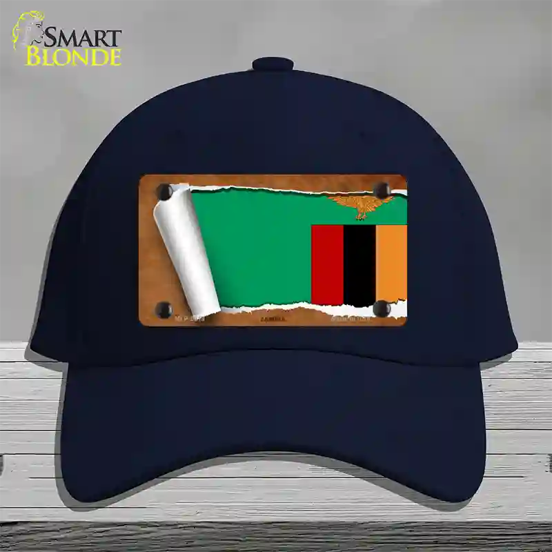 Zambia Flag Scroll Novelty License Plate Hat Cotton / Navy