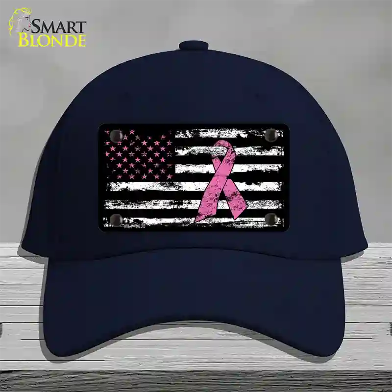 Vintage American Flag Pink Ribbon Novelty License Plate Hat Cotton / Navy