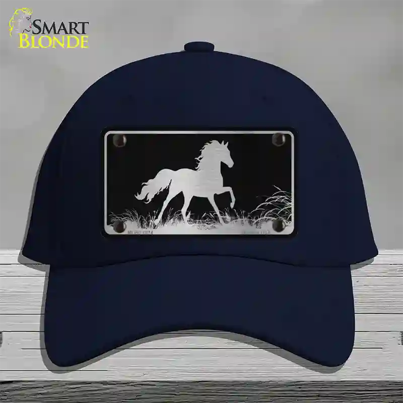 Horse Black Brushed Chrome Novelty License Plate Hat Cotton / Navy