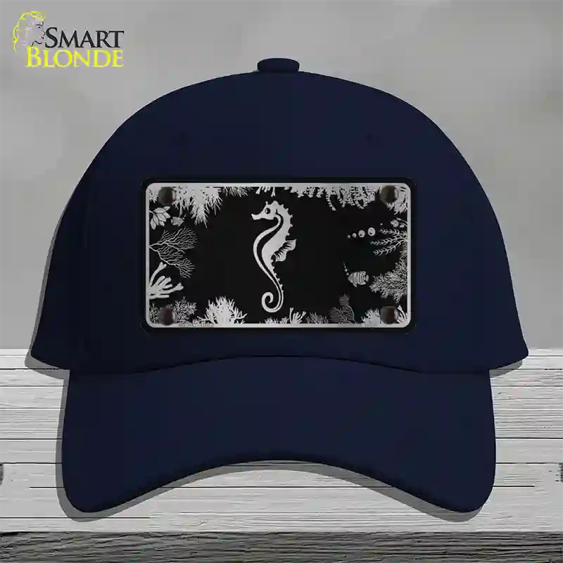 Sea Horse Black Brushed Chrome Novelty License Plate Hat Cotton / Navy