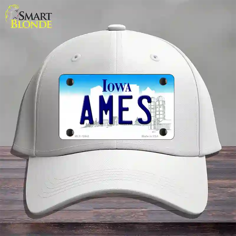 Ames Iowa Novelty License Plate Hat Cotton / White