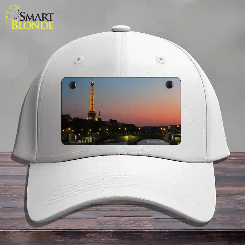 Eiffel Tower Night With River and Bridge Novelty License Plate Hat Cotton / White