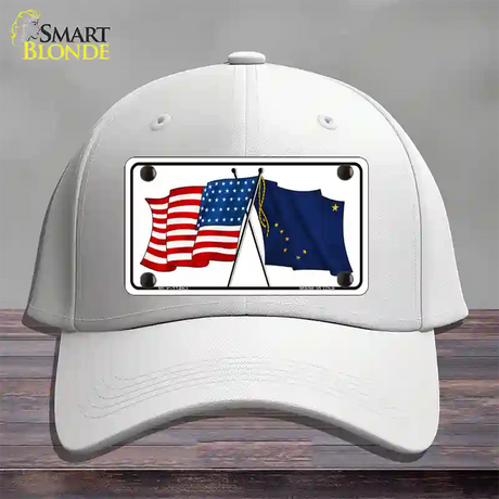 Alaska Crossed US Flag Novelty License Plate Hat Cotton / White