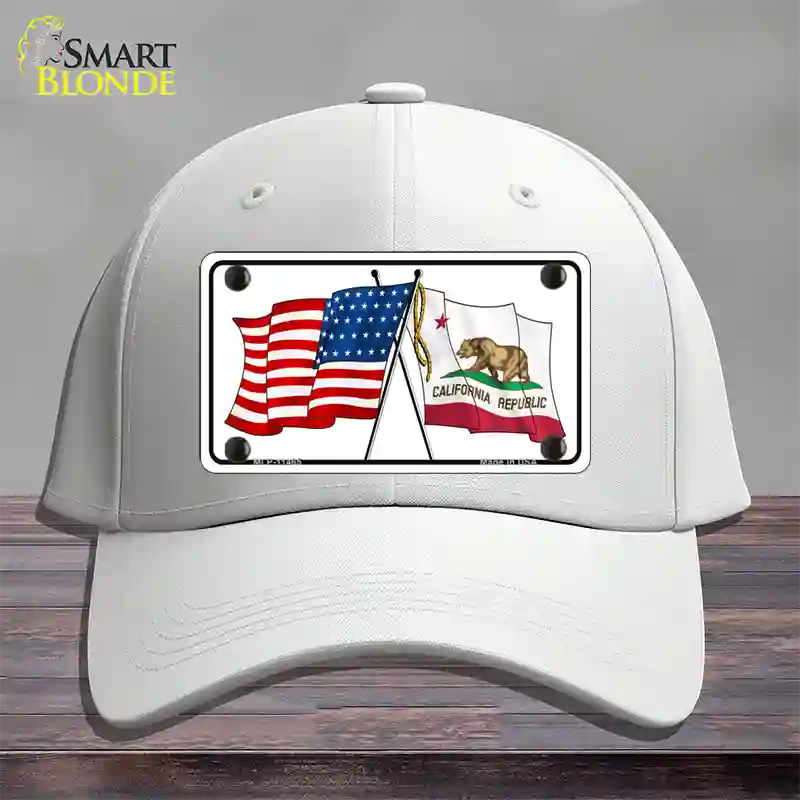 California Crossed US Flag Novelty License Plate Hat Cotton / White