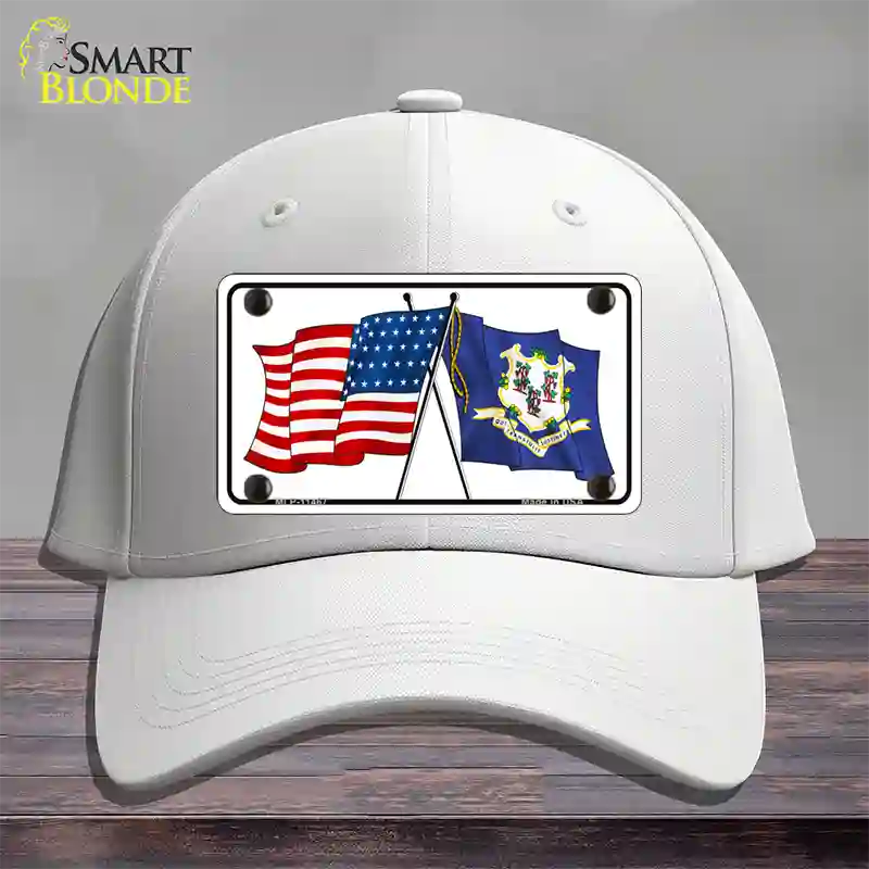 Connecticut Crossed US Flag Novelty License Plate Hat Cotton / White