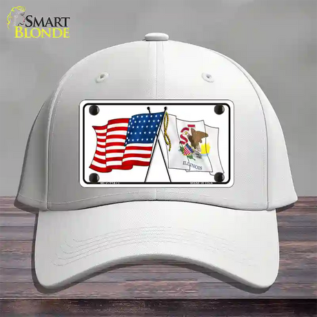 Illinois Crossed US Flag Novelty License Plate Hat Cotton / White