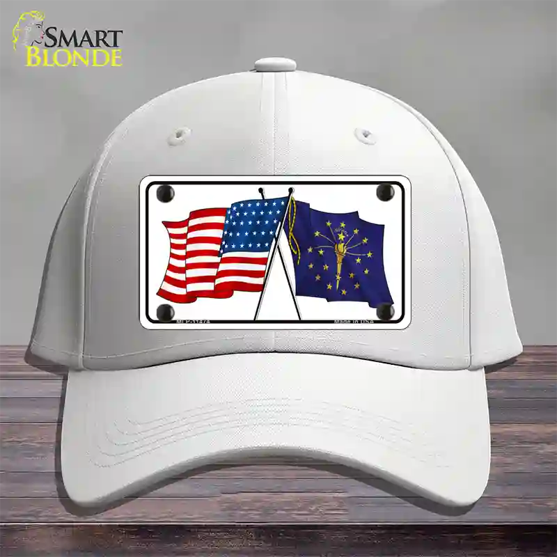 Indiana Crossed US Flag Novelty License Plate Hat Cotton / White