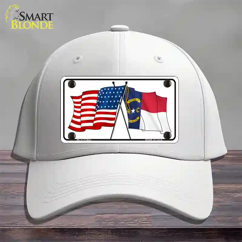 North Carolina Crossed US Flag Novelty License Plate Hat Cotton / White