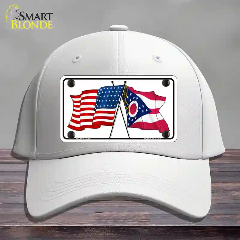 Ohio Crossed US Flag Novelty License Plate Hat Cotton / White