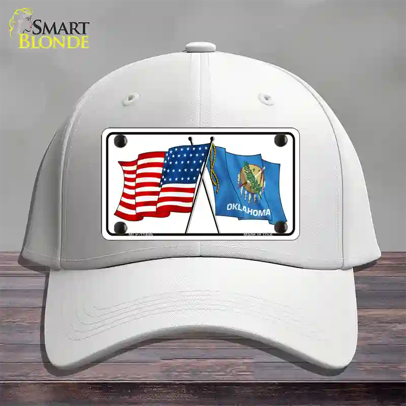 Oklahoma Crossed US Flag Novelty License Plate Hat Cotton / White