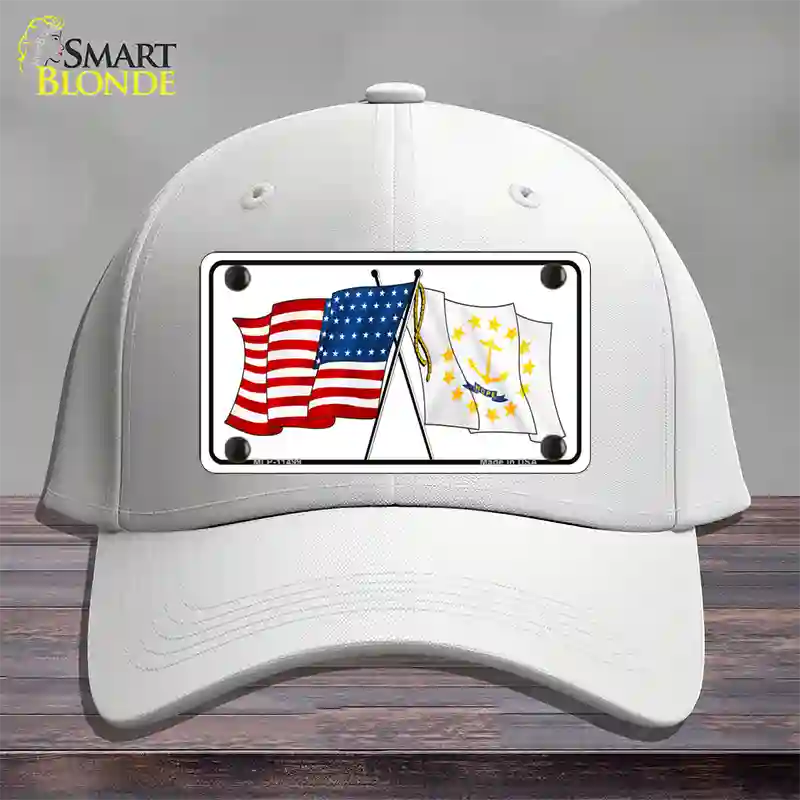 Rhode Island Crossed US Flag Novelty License Plate Hat Cotton / White