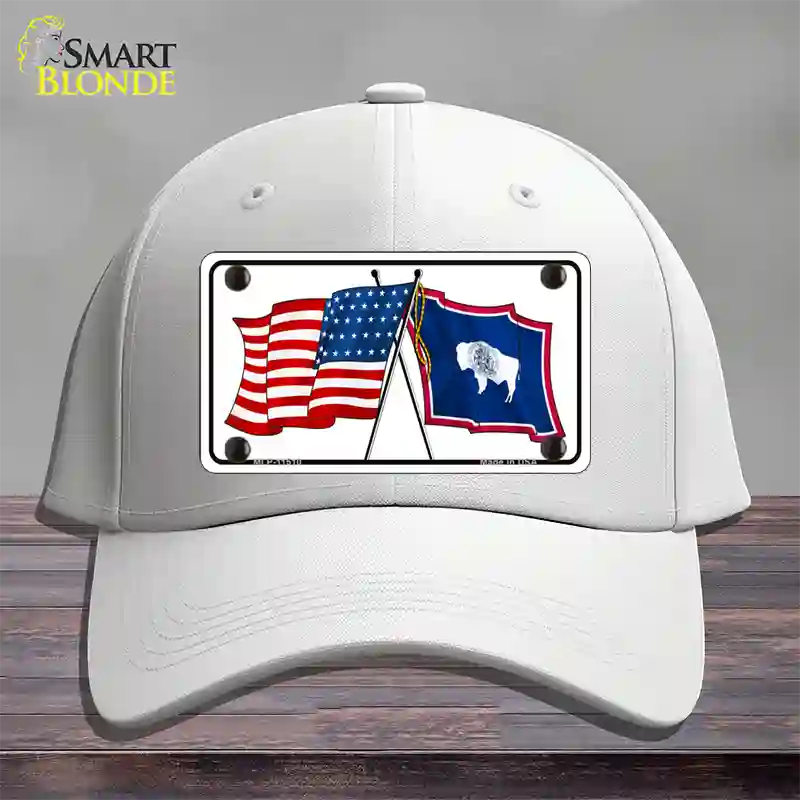 Wyoming Crossed US Flag Novelty License Plate Hat Cotton / White