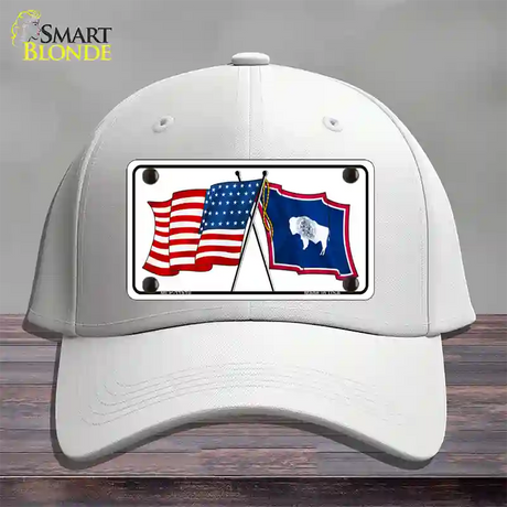 Wyoming Crossed US Flag Novelty License Plate Hat Cotton / White