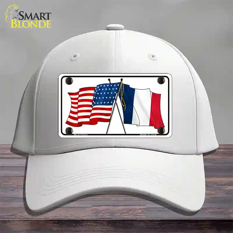 France Crossed US Flag Novelty License Plate Hat Cotton / White