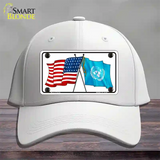 United Nation Crossed US Flag Novelty License Plate Hat Cotton / White