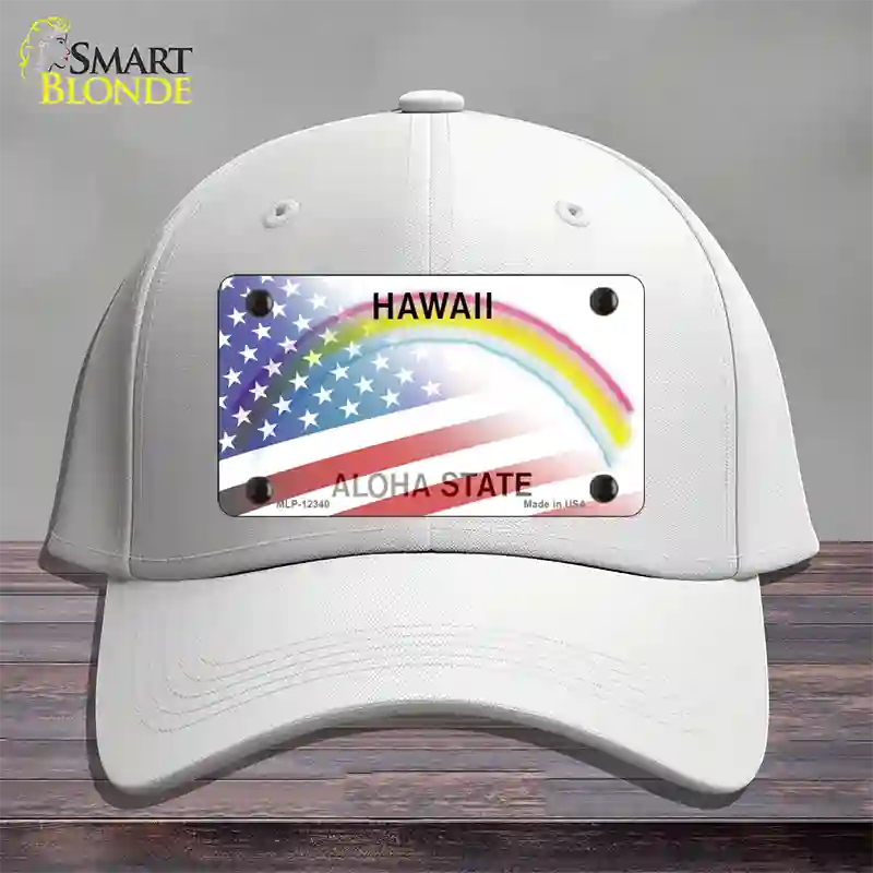 Hawaii with American Flag Novelty License Plate Hat Cotton / White