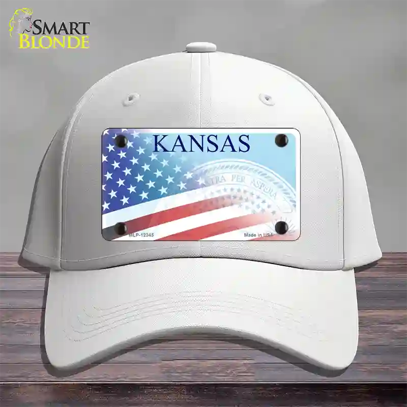 Kansas with American Flag Novelty License Plate Hat Cotton / White