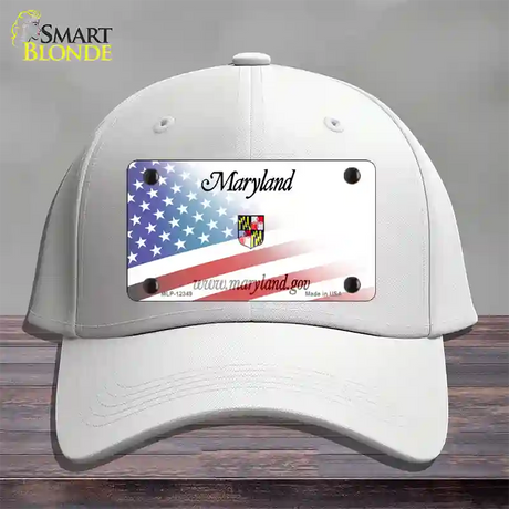 Maryland with American Flag Novelty License Plate Hat Cotton / White