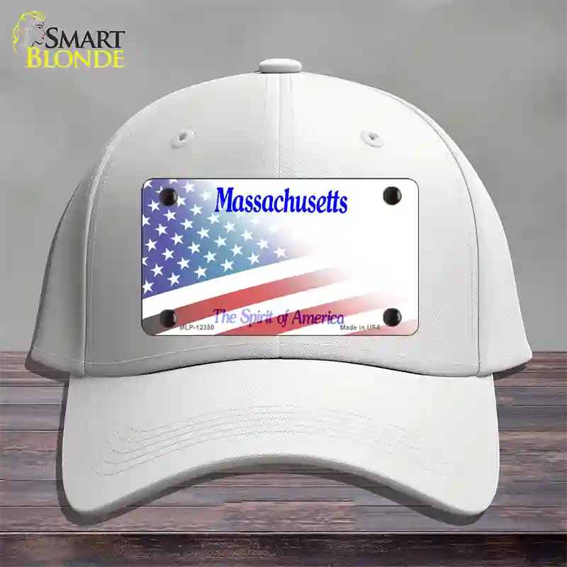 Massachusetts with American Flag Novelty License Plate Hat Cotton / White