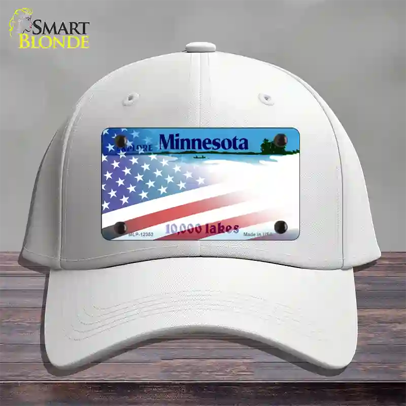 Minnesota with American Flag Novelty License Plate Hat Cotton / White