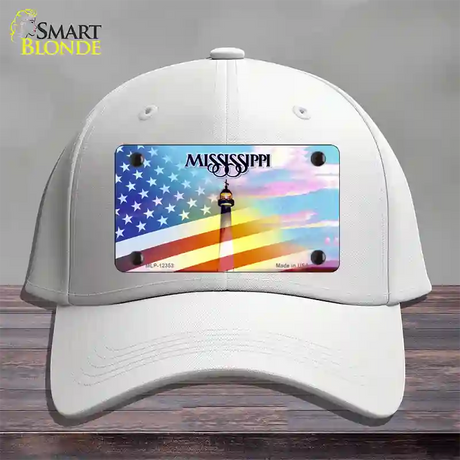 Mississippi with American Flag Novelty License Plate Hat Cotton / White