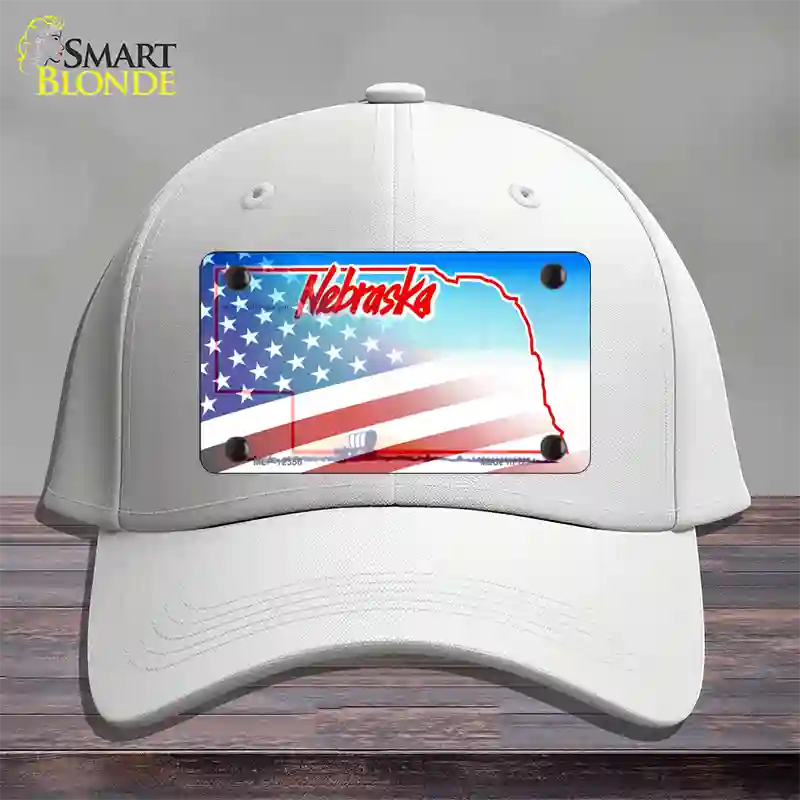 Nebraska with American Flag Novelty License Plate Hat Cotton / White