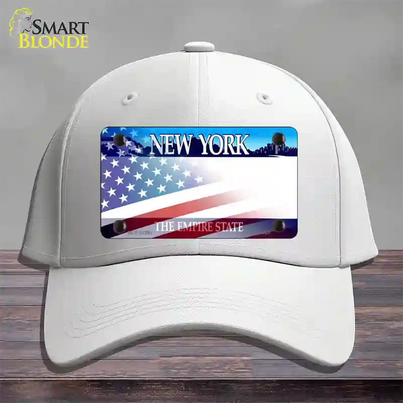 New York with American Flag Novelty License Plate Hat Cotton / White