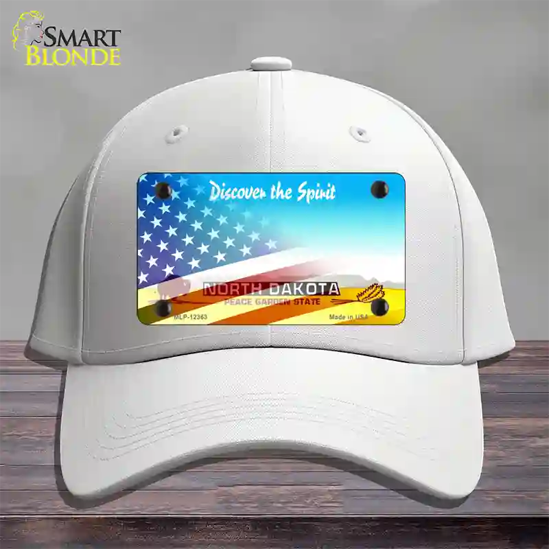 North Dakota with American Flag Novelty License Plate Hat Cotton / White