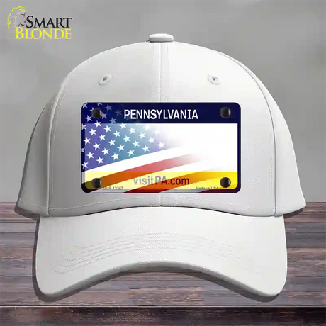 Pennsylvania with American Flag Novelty License Plate Hat Cotton / White