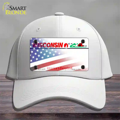 Wisconsin with American Flag Novelty License Plate Hat Cotton / White