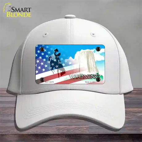 Wyoming with American Flag Novelty License Plate Hat Cotton / White