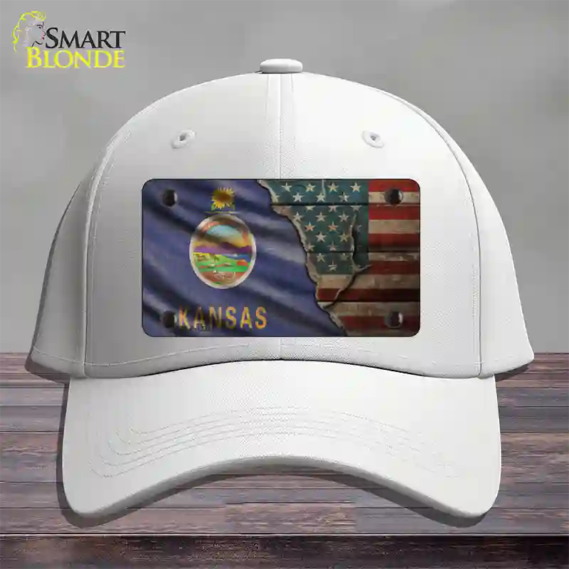 Kansas/American Flag Novelty License Plate Hat Cotton / White