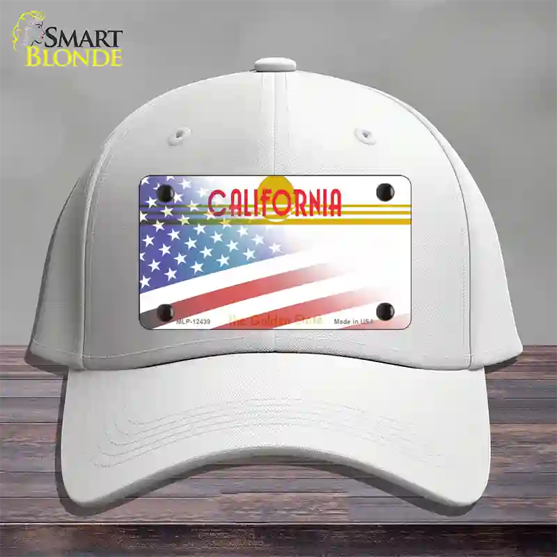 California Golden with American Flag Novelty License Plate Hat Cotton / White