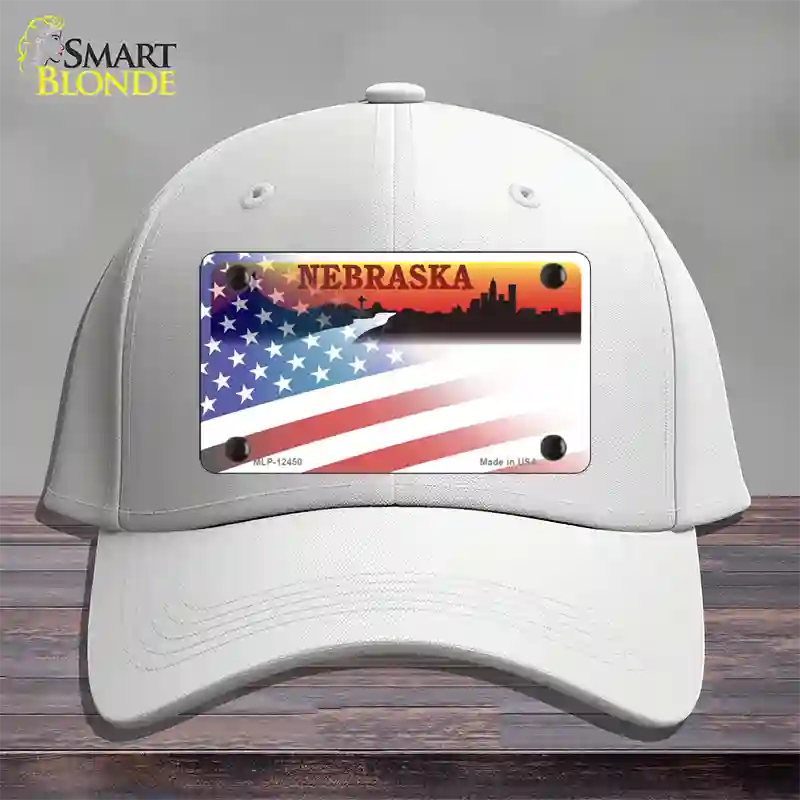 Nebraska Amber with American Flag Novelty License Plate Hat Cotton / White