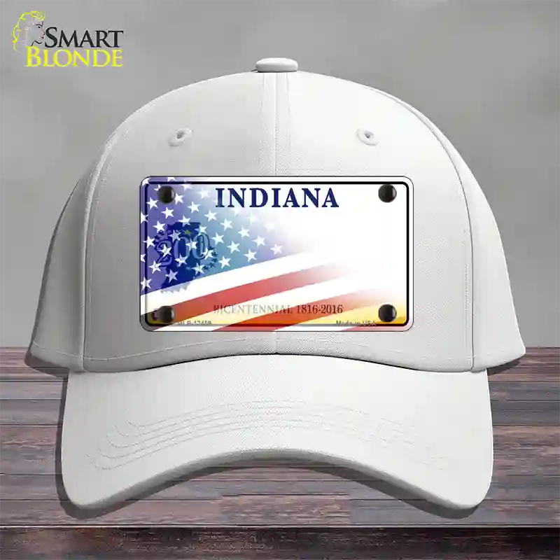 Indiana Bicentennial with American Flag Novelty License Plate Hat Cotton / White