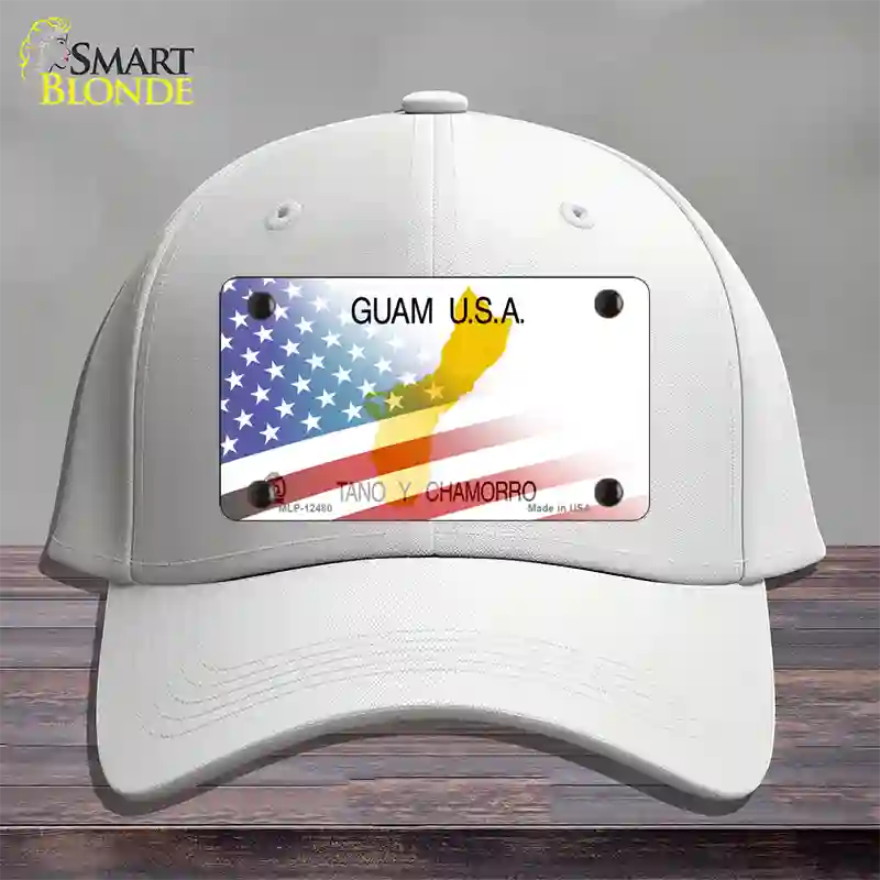 Guam with American Flag Novelty License Plate Hat Cotton / White