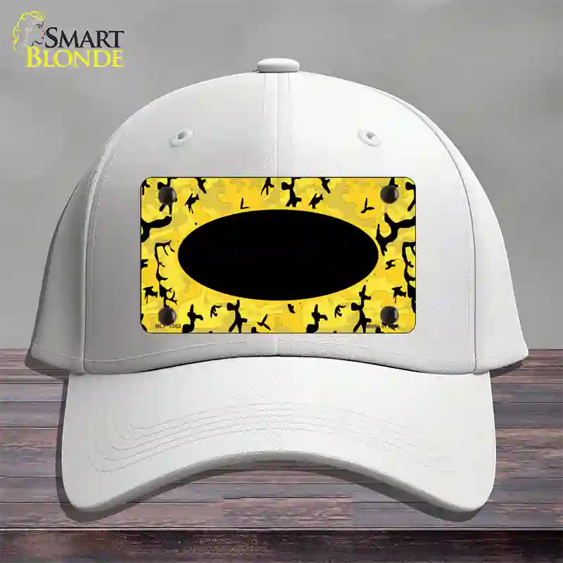 Yellow Black Camouflage With Black Center Oval Novelty License Plate Hat Cotton / White