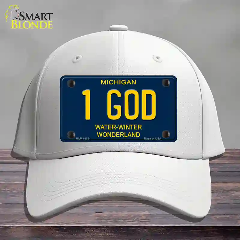 1 God Michigan Blue Novelty License Plate Hat Cotton / White