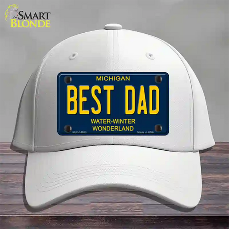 Best Dad Michigan Blue Novelty License Plate Hat Cotton / White