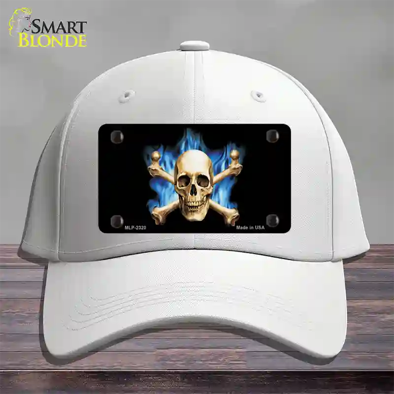 Blue Flame And Crossbones Novelty License Plate Hat Cotton / White