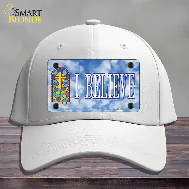 I Believe Novelty License Plate Hat Cotton / White